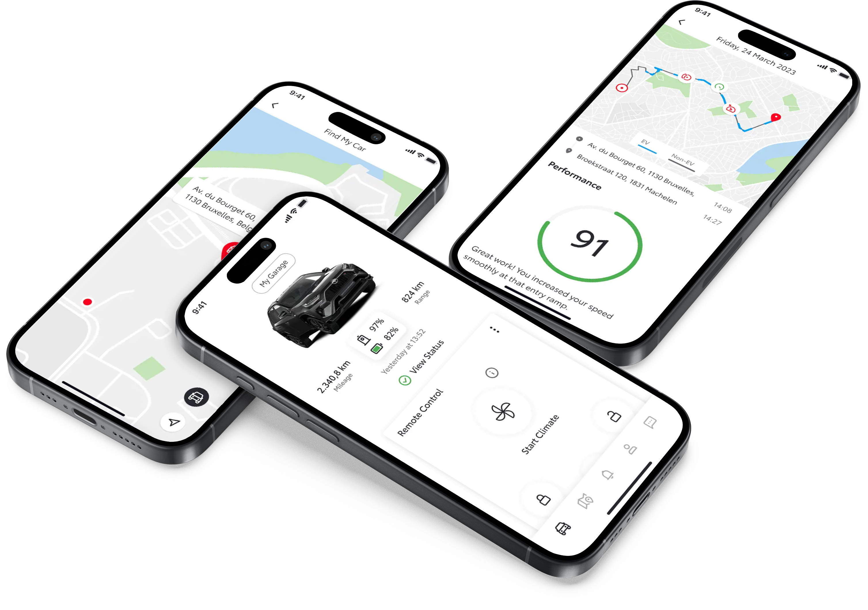 Drei Smartphones liegen nebeneinander und zeigen die Benutzeroberfläche der MyToyota App